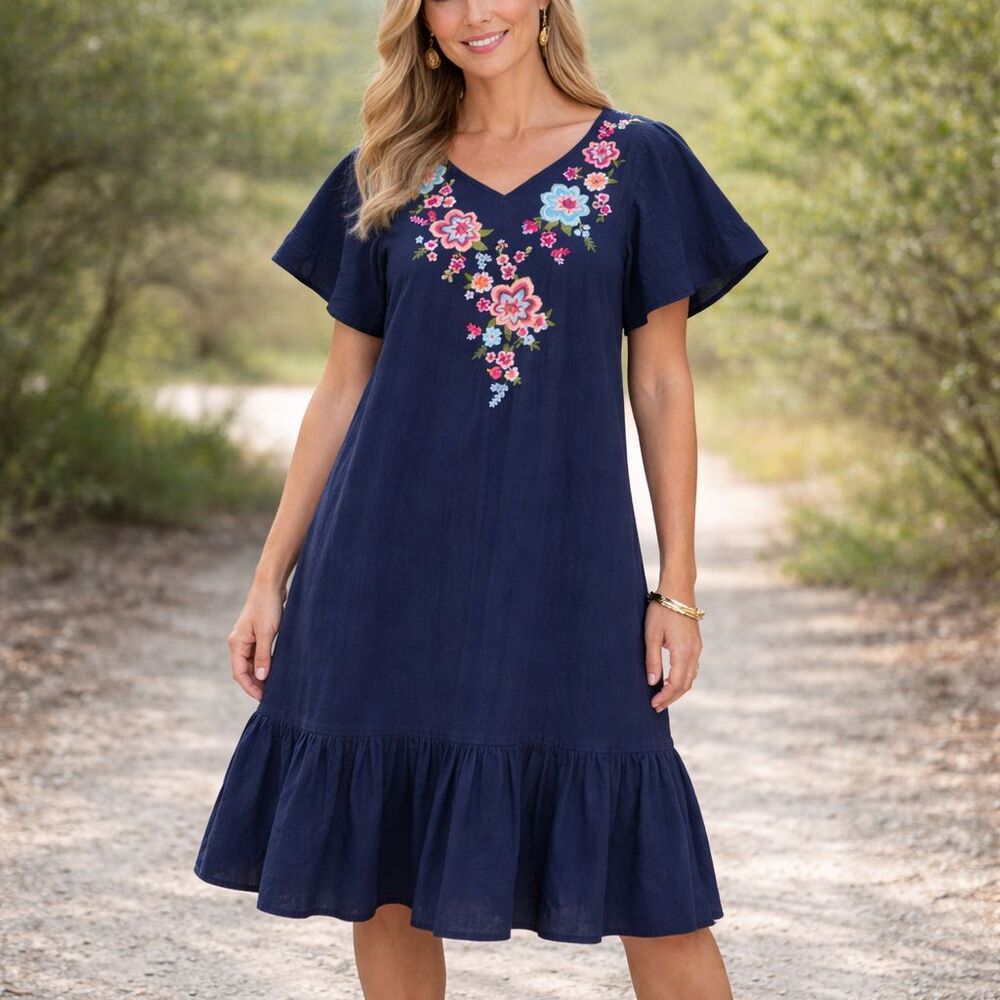 UMGEE Flutter Sleeve Dress Floral Embroidery Womens Small Blue Boho Hippie Gypsy
